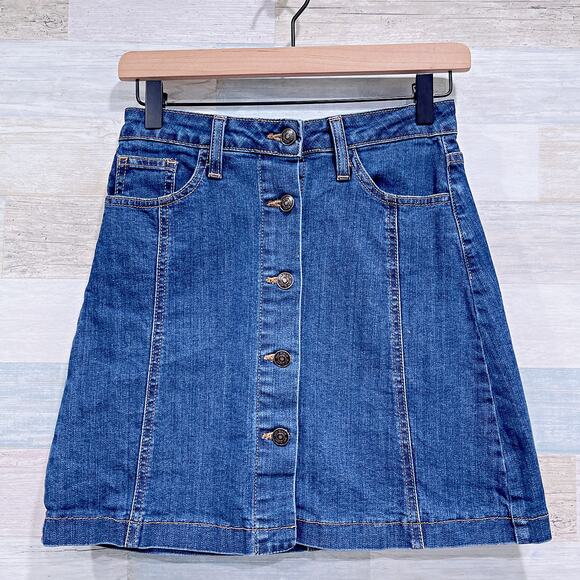 JustBlack Denim Button Front Mini Skirt Blue Dark Wash Stretch Cotton Womens XS - Picture 1 of 5